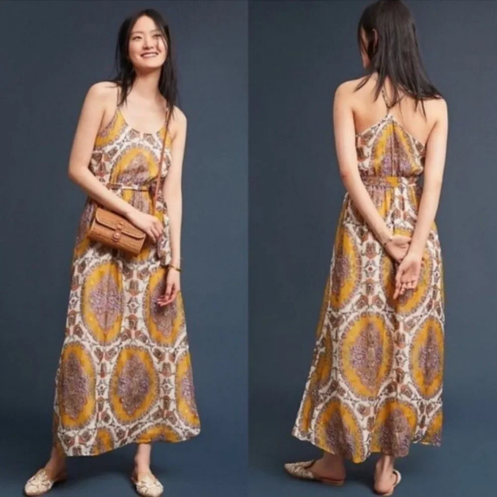 Anthropologie Akemi + Kin Paisley Medallion Metalic Maxi Dress Size L Boho - Picture 1 of 9